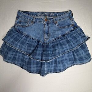 Y2K Denim Ruffle Tiered Skirt size L Plaid Blue Womens Casual